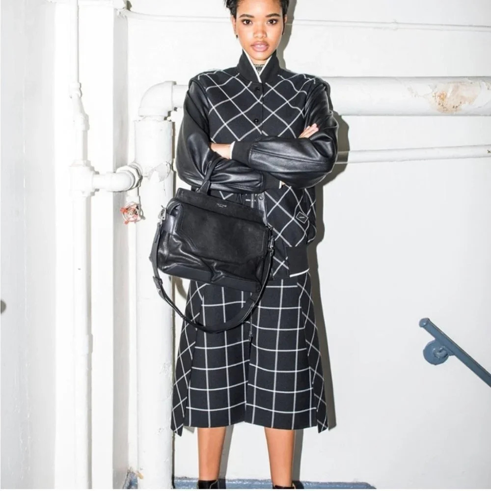 Rag & Bone Windowpane MIDI Skirt 6 Black Front Zipper‎ Sabina